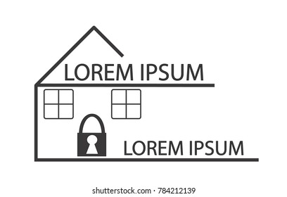 Icon or logo of a house with space to enter text, slogan or company name. Security concept vector with a padlock on the door.