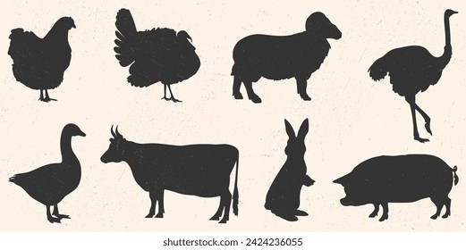 Symbol für Logo, Illustration von Nutztieren und Vögeln. Silhouette von Kaninchen, Kuh, Stamm, Schwein, Strauß, Truthahn, Huhn und Gans. Vektor EPS10 mit Grunge-Textur.