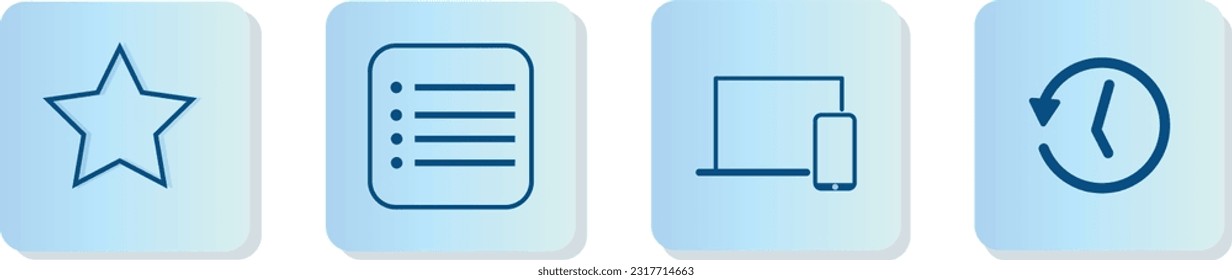 An icon, logo, or label. Blue color with a gradient. With a star, a clock, a note, a smartphone, and a computer. Simple images made of lines. Vector illustration.