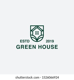 icon logo minimalist green house in the badge with line art concept