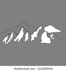 Icon, the logo of the mountain. Hand drawn silhouette of mountains. Doodle snow-capped mountains. Vector mountains in the snow.