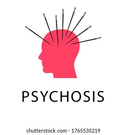 Icon, logo of psychotherapy, stress, depression. Human head in profile. Needles pierce the brain. Problem solving metaphor, difficult situation, depressed state. Psychological help. Vector.