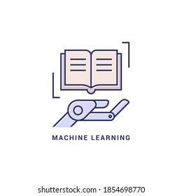 Icon Logo Robotics And Machine Learning In The Form Of A Robot Hand And A Book Colored In A Linear Flat Style. EPS 10. Vector Illustration