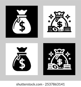 Logotipo ícone saco de dinheiro vetor preto e branco silhueta 
