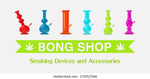  icon logo set. 6 isolated bongs. All in flat syle, lovely bright and stylish.Marijuana shop poster for sale.