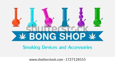 icon logo set. 6 isolated bongs. All in flat syle, lovely bright and stylish.Marijuana shop poster for sale.