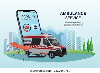 icon logo sign Ambulance emergency service online on mobile application with ambulance car and stretcher. On call 24 Hr. Healthcare and medical. Digital health concept. 3D vector illustration