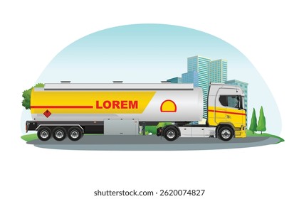 icon logo sign art side view long heavy big large tank liquid car truck lorry semi fill fuel bulk refill oil gas petrol mobil art road station drive driver vector design white wheels chrome modern