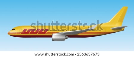 icon logo sign fly plane jet sky air shipping delivery cargo parcel send post pos carry yellow red large stripe isolated white truck van art side design trade element view vector
