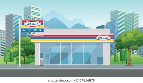 Icon logo sign mini store mall mart fast food flat front view art map road symbol city park grass trees life live style shop urban 3d cart promo sale white vector 
