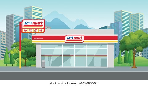 Icon logo sign mini store mall mart fast food flat front view art map road symbol city park grass trees life live style shop urban 3d cart promo sale white door vector