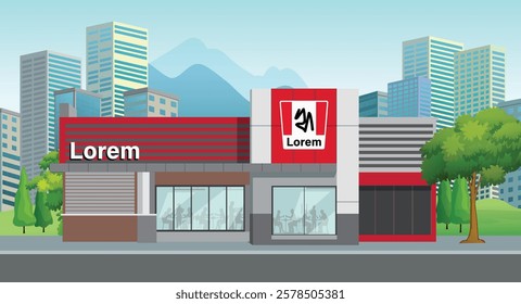 Icon logo sign red mcd mc king store art modern eat element map road symbol town tree road front view identity city style shop urban 3d flat building street isolated white design vector
