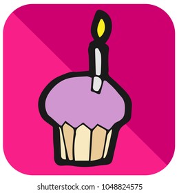 Icon, Logo, Sign, and Symbol Cute Happy Birthday Cupcake Tasty Sweet Food with Candles in Violet and Brown on Pink Background. Graphic Design Resource, Element, Vector Illustration.