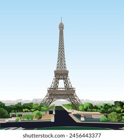 Torre Eiffel en Francia vista recta, dibujo de línea de garabato, tarjeta de época, símbolo de Francia