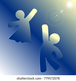 Icon, logo, space love, man, woman, flight, soar, soar in space illuminated by the rays of the sun ... - vector
