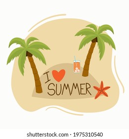 Icon, logo or sticker with the inscription: I love summer. Palm trees, starfish and cocktail. Modern flat design vector images.