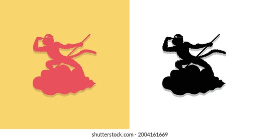 an icon or logo of a sun wukong silhouette riding a flying cloud