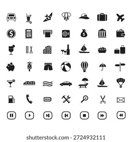 Icon, logo, symbol set. various icon set. car, call, airplane, ball, money, umbrella, cap, music. Editable stroke. Eps 10