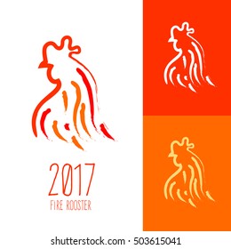 Icon or logo template with red rooster in paint brush style. Symbol for corporate branding identity 2017 year. Label inspiration for advertising, business, web design. Vector illustration.