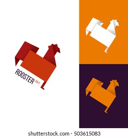 Icon or logo template with red rooster in paper origami style. Symbol for corporate branding identity 2017 year. Label inspiration for advertising, business, web design. Vector illustration.