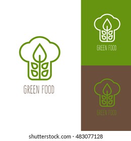 Icon or logo template for vegan food, cooking, kitchen, restaurant or cafe. Symbol for corporate branding identity. Label inspiration for advertising, business, web design. Vector illustration.