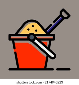 Icono, logotipo, ilustración vectorial de una cubeta de arena aislada en fondo gris. adecuado para niños, juguetes, playas, patrones y logotipos.