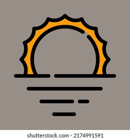 Icono, logotipo, ilustración vectorial de la puesta de sol aislada en fondo gris. perfecto para vacaciones, naturaleza, patrones, diseños y logos.