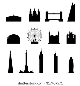 Icon London set silhouette.bridge, big ben, museum, pinnacle, royal albert, St Paul's, The Shard, the gherkin, tower of london, Trafalgar Square, Westminster