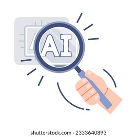 An icon looking at an AI system magnified with a magnifying glass. Artificial intelligence concept illustration.