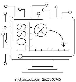 Icon of loss function in AI with a computer screen showing a downward loss curve and "LOSS" label, symbolizing error minimization in machine learning. Vector icon with editable thin black lines