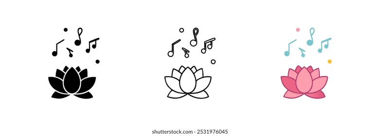 Ícone de flores de lótus com notas musicais, simbolizando o relaxamento e o ambiente pacífico.