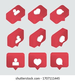 Icon love, comment, follow 3D Arts for social media: Vector Illustration Instagram, Facebook