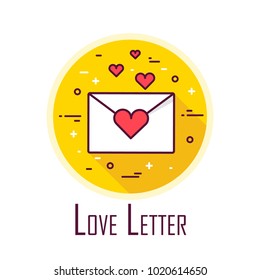 Icon with love letter in a coloured circle. Thin line flat design. Vector card.