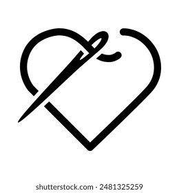 The icon is a love of needlework. A needle with a heart-shaped thread. Hand made. Sewing, embroidery, darning. Vector illustration isolated on a white background for design and web.