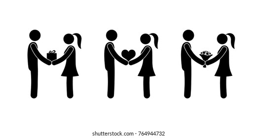 icon love, stick figure man pictogram, romantic couple, man giving woman gift, valentine and flowers, simple silhouettes isolated on white background