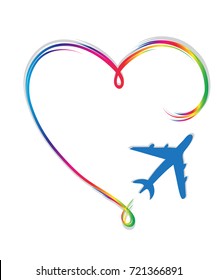  icon for love of travel, heart with plane symbol. This graphic can also represent adventure lover, backpacker, globetrotter, pilot, tourist