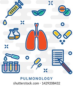 Icon of lung disease, pneumonia, asthma, cancer in the form of lung anatomy and viruses, bacteria causing disease. Against smoking concept. Icon in colorful linear style, eps 10