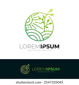 Icono de una exuberante plantación iluminada por el sol, logotipos de estilo de línea