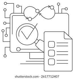 Icon of machine learning model evaluation featuring an infinity loop, magnifying glass, check mark, and checklist on a computer screen. Vector pictogram with thin black lines, editable thickness