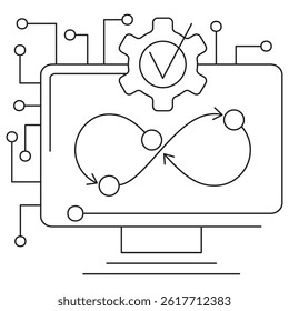 Icon of machine learning model testing featuring an infinity loop with a check mark inside a gear on a computer screen. Vector pictogram with thin black lines, editable line thickness