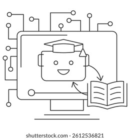 Icon of machine learning, showing a smiling robot with graduation cap learning from an open book. Vector outline illustration with editable thin black lines, minimal and clean pictogram style