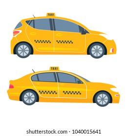 Icon with machine yellow cab. Public taxi service concept. Isolated on the background. Flat vector illustration.