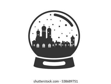 icon magic Christmas snow globe vector illustration. Glass snowglobe gift with small house and church winter pine trees forest inside on snowflakes seamless pattern.