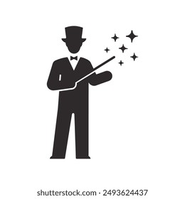 Icon of a magician performing with a magic wand and stars, depicted in formal attire and top hat. This vector illustration can symbolize performance, illusion, and entertainment.