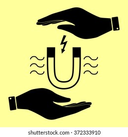 Icon of magnet with magnetic force indication. Save or protect symbol by hands.