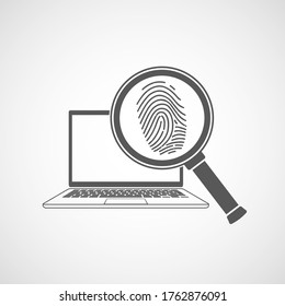 Icon magnifier with fingerprint in front a laptop. Isolated on a white background. Vector logo