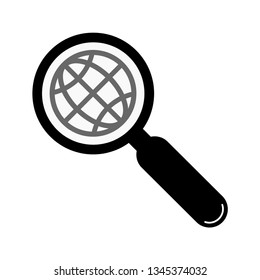 Icon magnifier and globe. Vector illustration of magnifying glass and planet symbol.