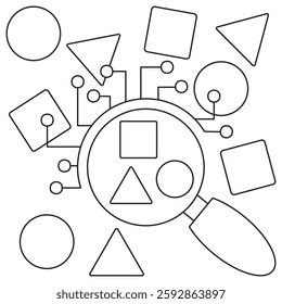 Icon of a magnifying glass analyzing geometric shapes with digital connections. AI-powered pattern recognition, data analysis, and machine learning. Vector pictogram with editable line thickness