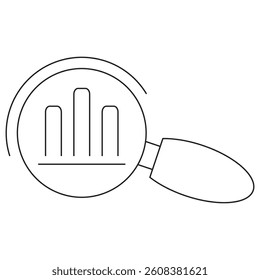 Icon of a magnifying glass with a bar chart inside, symbolizing data analysis, statistics, and market research. Vector pictogram with thin black lines on a transparent. Line thickness is editable