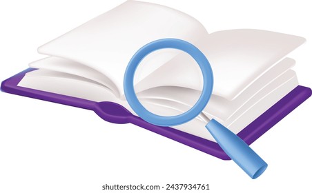 icon, magnifying glass, book search, Library, realistic illustration, vector, glossy, 3D, caramel book, magnification